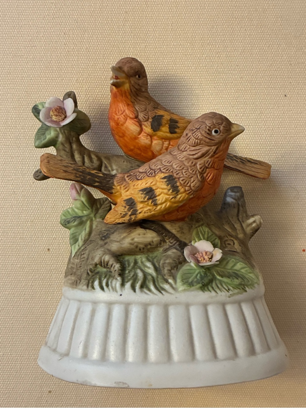 Ceramic Orange Songbird Figurine on Floral Base